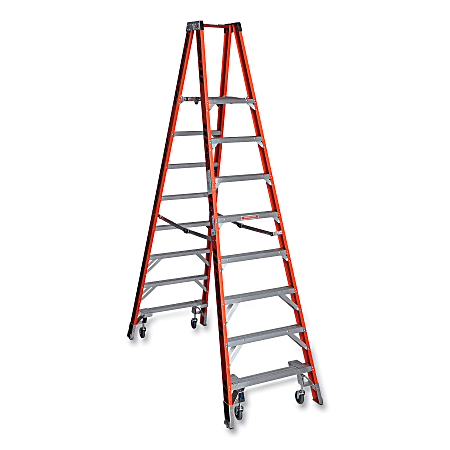 Werner® Reach Height Platform Ladder With Casters, 300 Lb Capacity, 14' Reach, 120" x 32-1/4" x 9-5/8", Orange/Red