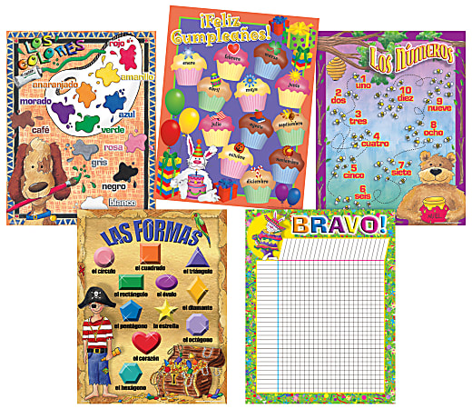 Barker Creek® Chart Set, Spanish, 17" x 22", Grades Pre-K+, Pack Of 5