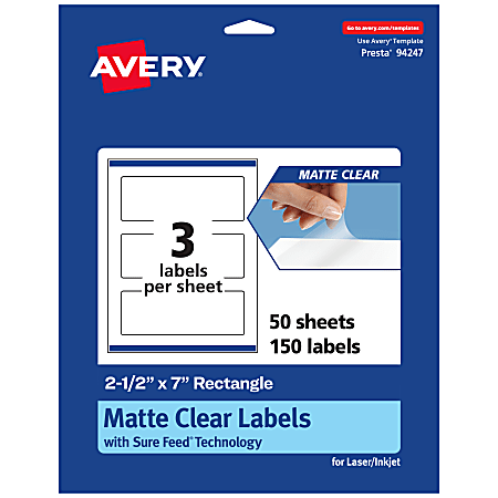 Avery® Permanent Labels With Sure Feed®, 94247-CMF50, Rectangle, 2-1/2" x 7", Matte Clear, Pack Of 150