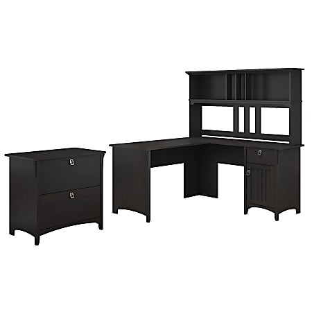 Bush Furniture Salinas 60"W L Shaped Desk with Hutch and Lateral File Cabinet, Vintage Black, Standard Delivery