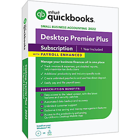 Intuit® QuickBooks® Desktop Premier Plus With Enhanced Payroll, 2022, 1-Year Subscription, For Windows®, Disc/Download