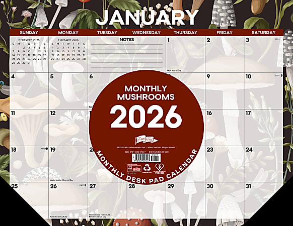 2026 Willow Creek Press Desk Pad Calendar, 22" x 17", Mushrooms, January To December, 57247