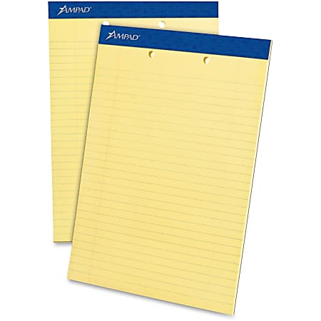 Ampad Perforated Ruled Pads, 2 Hole Punched, Letter Size, 50 Sheets, Ruled, Canary Yellow, Box Of 12