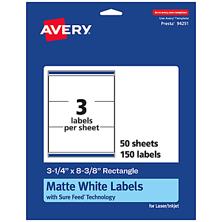Avery® Permanent Labels With Sure Feed®, 94251-WMP50, Rectangle, 3-1/4" x 8-3/8", White, Pack Of 150