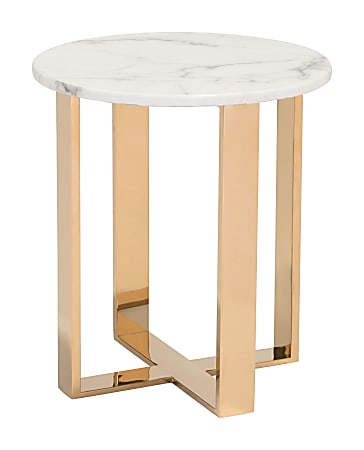 Zuo Modern Atlas Composite Stone And Stainless Steel Round End Table, 20-1/2”H x 18-1/8”W x 18-1/8”D, White/Gold