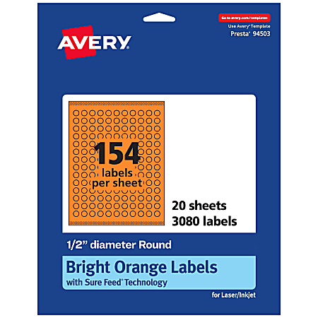 Avery® Print-To-The-Edge Labels With Sure Feed® Technology And Easy Peel® Label Feature, 94503-BOP20, Round, 1/2", Matte Bright Orange, Pack of 3080