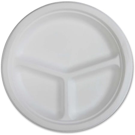 Genuine Joe 3-Compartment Disposable Plates, 10" Diameter Plate,  White, Pack Of 50