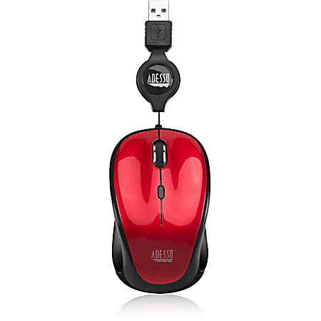 Adesso® iMouse S8R USB Illuminated Retractable Mini Optical Mouse, Red