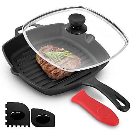 MegaChef Pre-Seasoned Cast Iron Griddle With Tempered Glass Lid, 10-7/16", Black