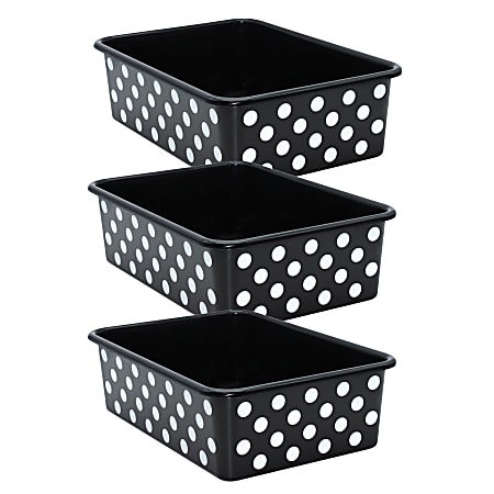 Teacher Created Resources Plastic Storage Bin, Large, White Polka Dots on Black, Pack Of 3
