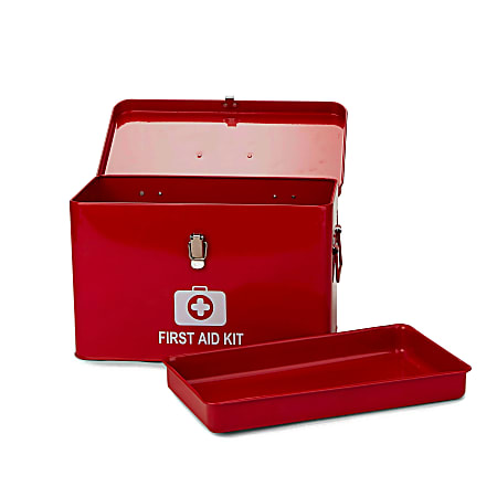 Mind Reader First Aid Box, Emergency Kit, Medical Supply Organizer,  Vintage, Buckle Lock, Metal, 8-1/4H x 7W x 13-1/4D, Red