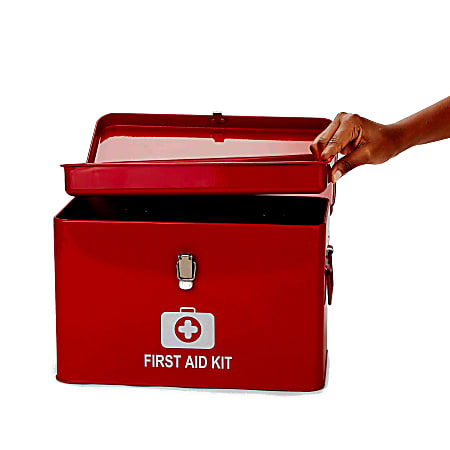 Mind Reader First Aid Box Emergency Kit Medical Supply Organizer Vintage  Buckle Lock Metal 8 14 H x 7 W x 13 14 D Red - Office Depot