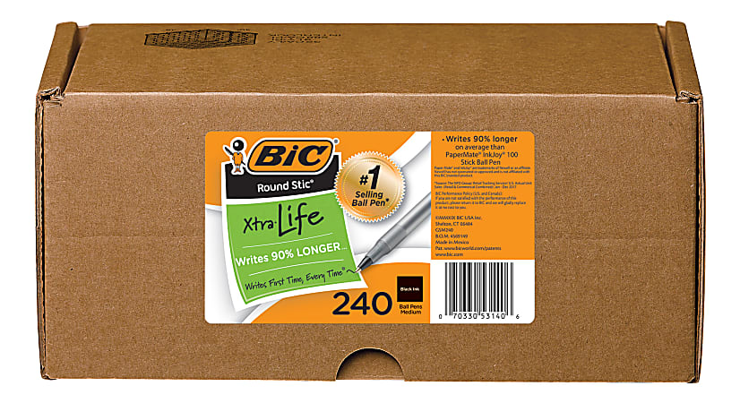 BIC Round Stic Xtra Life Ballpoint Pens, Medium Point, 1.0 mm, Translucent Barrel, Black Ink, Box Of 240 Pens