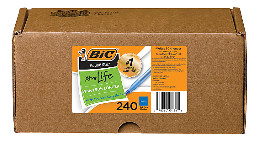 BIC® Round Stic® Xtra Life Ballpoint Pens, Medium Point, 1.0 mm, Translucent Barrel, Blue Ink, Box Of 240 Pens