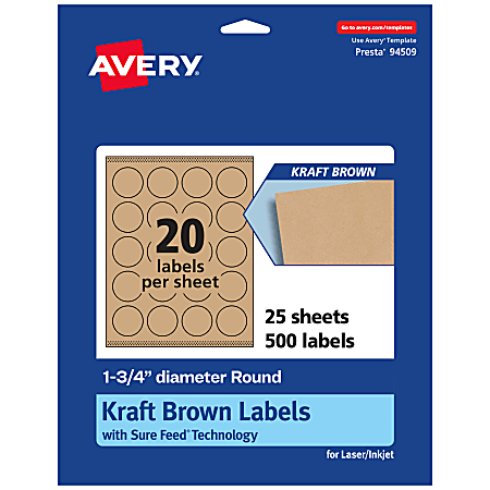 Avery® Kraft Permanent Labels With Sure Feed®, 94509-KMP25, Round, 1-3/4" Diameter, Brown, Pack Of 500