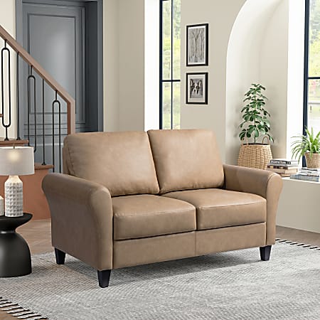 Lifestyle Solutions Winslow Faux Leather Loveseat With Rolled Arms 32 34 H x 57 78 W x 31 12 D Light BrownBlack ODP Business Solutions