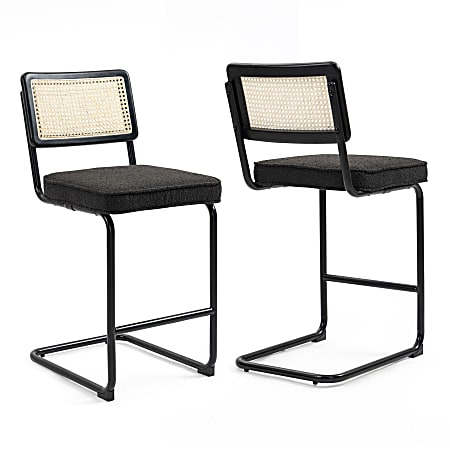 Glamour Home Ayers Boucle Counter Height Stools With Rattan Backs, Black, Set Of 2 Stools