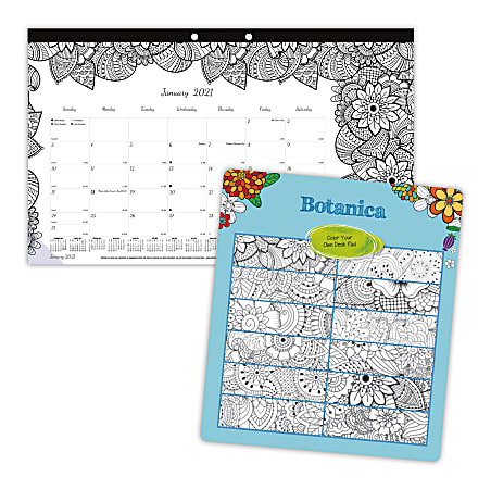 Blueline® DoodlePlan™ Coloring Monthly Desk Pad Calendar, 12-month January to December 2021, 17-3/4" x 10-7/8'', Different design to color each month, 50% recycled content, FSC® Certified