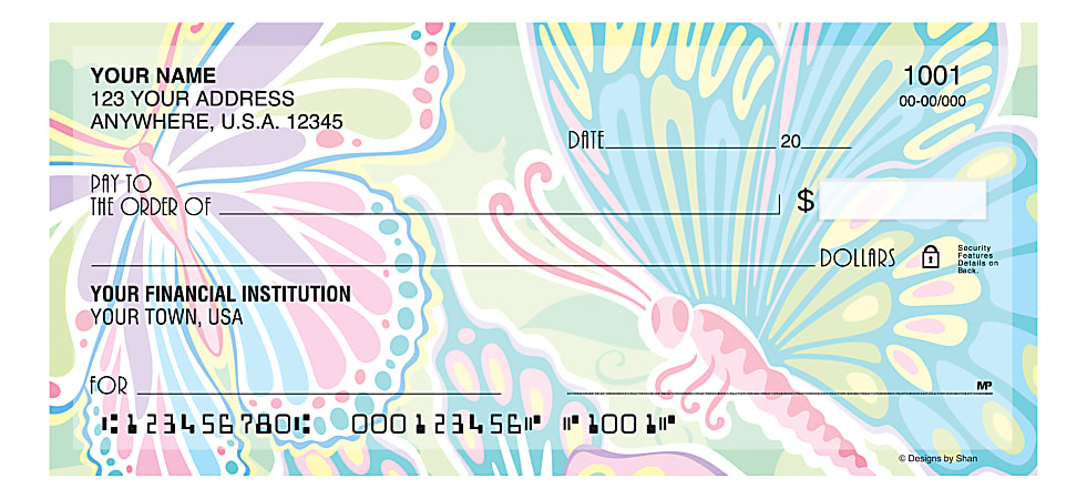 Custom Personal Wallet Checks, 6" x 2-3/4", Singles, © Designs by Shan,  Psychedelic Butterflies, Box Of 120 Checks