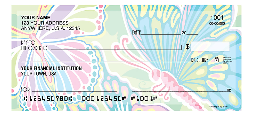 Custom Personal Wallet Checks, 6" x 2-3/4", Singles, © Designs by Shan,  Psychedelic Butterflies, Box Of 150 Checks