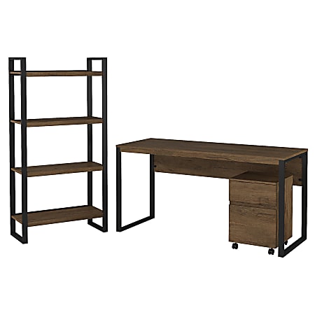 Bush Furniture Latitude 60"W Writing Desk with Mobile File Cabinet and Etagere Bookcase, Rustic Brown Embossed, Standard Delivery