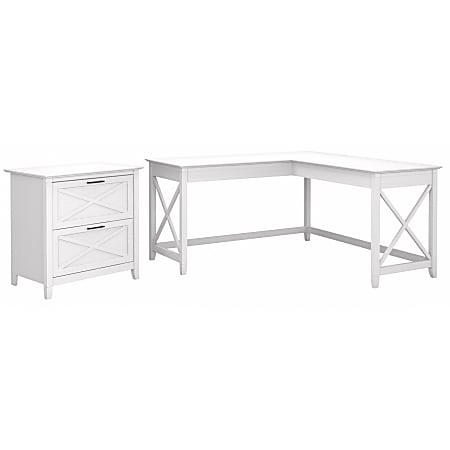 Bush Business Furniture Key West 60"W L-Shaped Corner Desk With Lateral File Cabinet, Pure White Oak, Standard Delivery