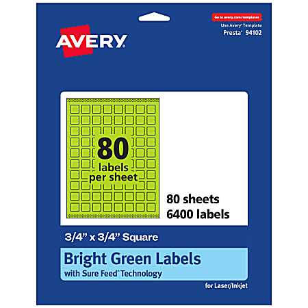 Avery® Print-To-The-Edge Labels With Sure Feed® Technology And Easy Peel®, 94102-BGP80, Square, 3/4" x 3/4", Matte Bright Green, Pack of 6400