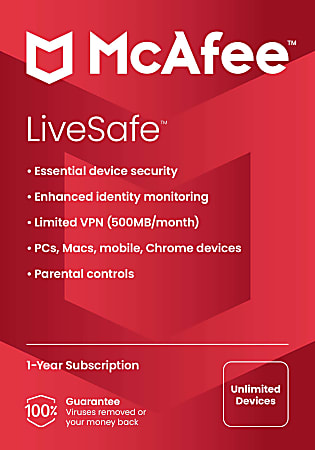 McAfee® LiveSafe AntiVirus & Internet Security Software, For Unlimited Devices, 1-Year Subscription, Windows®/Mac®/Android/iOS/ChromeOS, Product Key