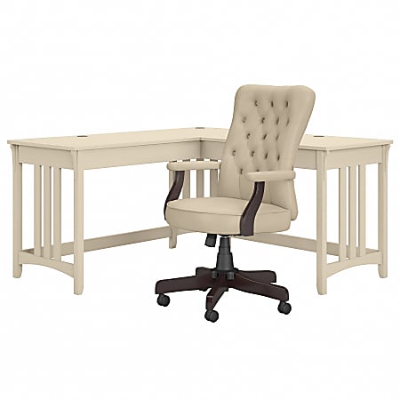 Bush® Furniture Salinas 60"W L-Shaped Writing Desk With High-Back Tufted Office Chair, Antique White, Standard Delivery