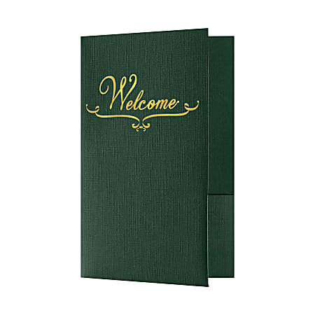 LUX Welcome Folders, 5 3/4" x 8 3/4", Green Linen/Gold Foil, Pack Of 25 Folders