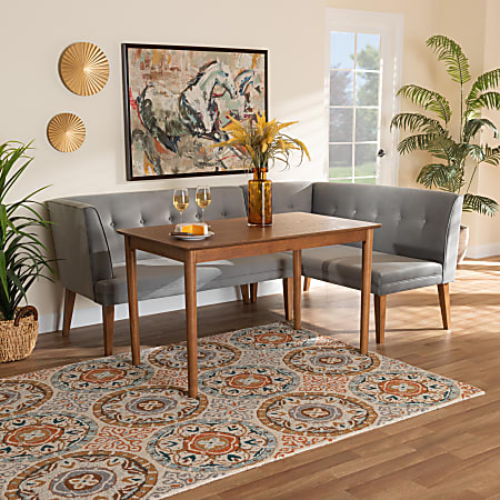 Baxton Studio Stewart Velvet-Upholstered And Finished Wood 3-Piece Dining Nook Set, Gray/Walnut Brown