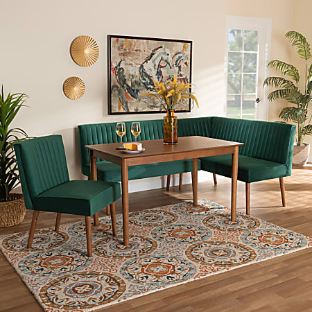 Baxton Studio Alvis 4-Piece Dining Nook Set, 27-3/4”H x 47-1/4”W x 27-1/2”D, Emerald Green/Walnut Brown