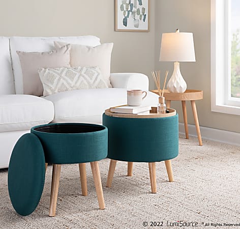 LumiSource Tray Contemporary Storage Ottoman Set TealNatural Office Depot