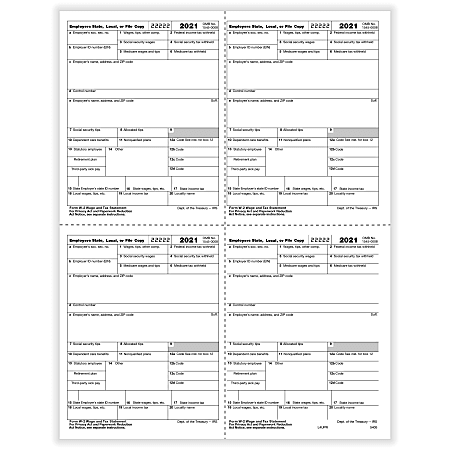 ComplyRight™ W-2 Tax Forms, 4-Up (Box Format), Employer's Copies 1/D, 1/D, 1/D, 1/D, Laser, 8-1/2" x 11", Pack Of 2,000 Forms