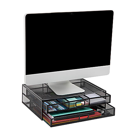 Mind Reader Metal Monitor Stand Ventilated Laptop Riser Storage Drawer 4 12 H x 11 34 W x 15 34 D Black ODP Business Solutions