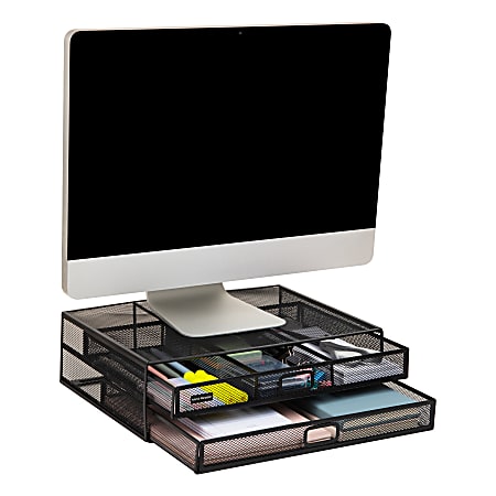 Mind Reader Metal Monitor Stand Ventilated Laptop Riser Storage Drawer, 4-1/2&rdquo;H x 12&rdquo;W x 15-3/4&rdquo;D, Black