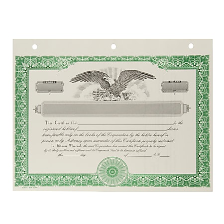 Corporate Stock Certificates, Non Personalized, 3-Hole Punched, 8 1/2 x 11”, Green, Box Of 20