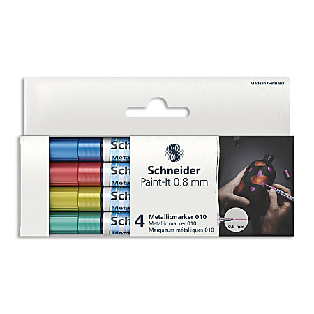 Schneider Paint-It 010 Metallic Markers, 0.8 mm Fine Tip, Assorted Ink Colors, Set 2, Pack of 4 Markers