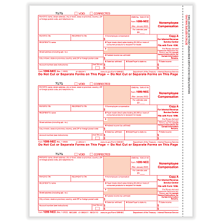 ComplyRight™ 1099-NEC Tax Forms, Federal Copy A, 3-Up, Laser, 8-1/2" x 11", Pack Of 75 Forms