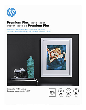 HP Premium Plus Photo Paper for Inkjet Printers, Glossy, Letter Size (8 1/2" x 11"), 80 Lb, Pack Of 50 Sheets (CR664A)