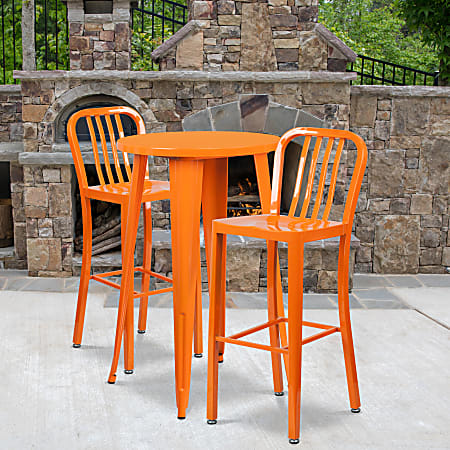 Flash Furniture Commercial-Grade Round Metal Indoor-Outdoor Bar Table Set With 2 Vertical Slat-Back Stools, 41"H x 24"W x 24"D, Orange