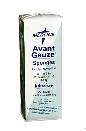 Medline Standard Non-Sterile Non-Woven Gauze Sponges, 4 ply, 3" x 3",  White, 200 Sponges Per Pack, Case Of 20 Packs
