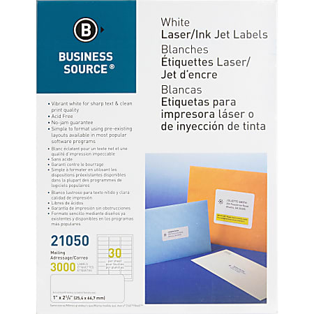 Business Source Bright White Premium-quality Address Labels - 1" Width x 2 5/8" Length - Permanent Adhesive - Rectangle - Laser, Inkjet - White - 30 / Sheet - 100 Total Sheets - 3000 / Pack - Jam-free