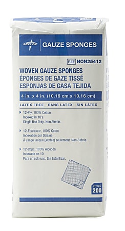 Medline Nonsterile Woven Gauze Sponges - 12 Ply - 4" Width x 4" Length - White - 200 / Box