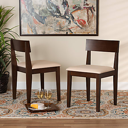 Baxton Studio Camilla Fabric And Finished Wood 2-Piece Dining Chair Set, Cream/Dark Brown