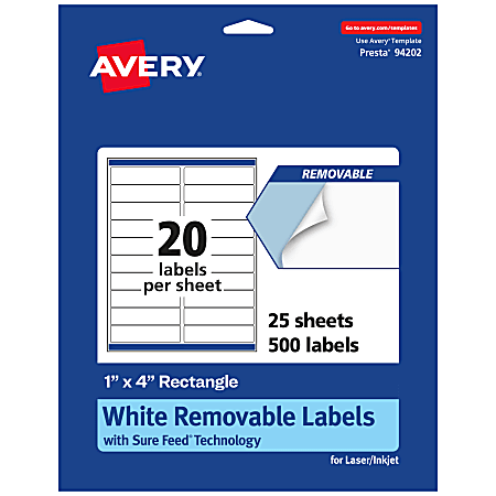 Avery® Removable Labels With Sure Feed®, 94202-RMP25, Rectangle, 1" x 4", White, Pack Of 500 Labels