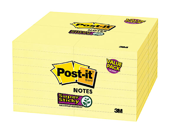 Post-it® Super Sticky Notes, 3" x 3", Canary Yellow, Pack Of 36 Pads