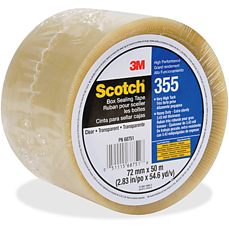 Scotch Box-Sealing Tape 355 - 54.68 yd Length x 2.83" Width - 3.5 mil Thickness - 3" Core - Rubber Resin - Polyester Backing - 1 / Roll - Clear