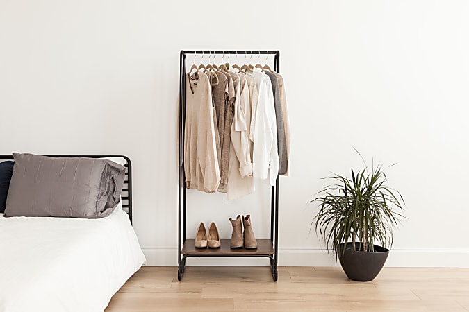 IRIS Metal Garment Rack With Wood Shelf 59 H x 25 316 W x 15 34 D WhiteDark Brown Office Depot