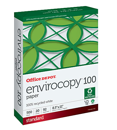 Office Depot® EnviroCopy® Paper, Letter Size (8 1/2" x 11"), 20 Lb, 100% Recycled, FSC® Certified, White, Ream Of 500 Sheets